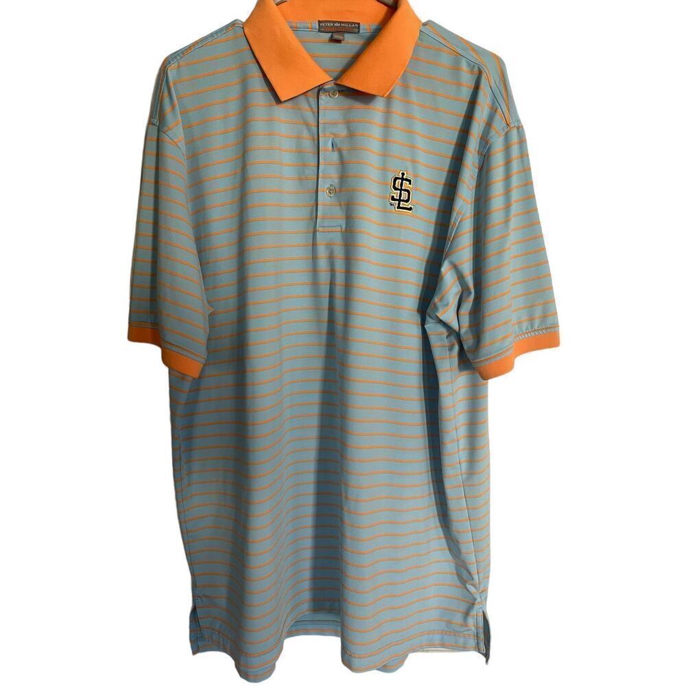 Peter Millar Mens Blue & Orange Stripes Short Short Sleeve Polo Shirt Size XL